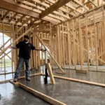 Pro-Craft Restoration technician working on interior framing during a home reconstruction project.